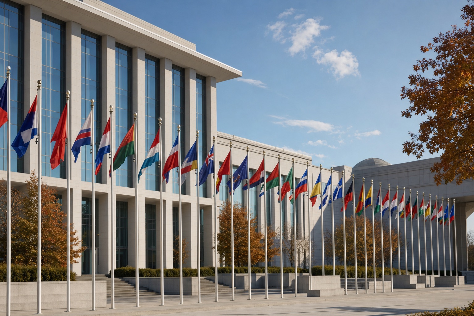 A fictional international policy institute lined with flags